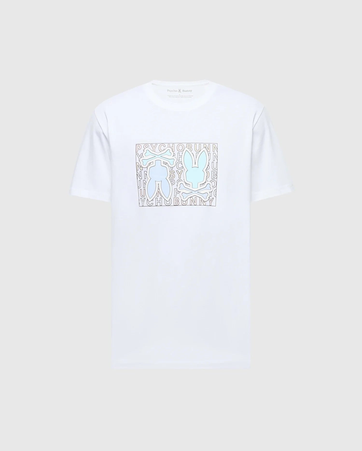 The MENS GOLD COAST GRAPHIC TEE - B6U631F200 by Psycho Bunny is a white t-shirt made from Pima cotton, featuring a graphic design of abstract blue rabbit silhouettes on a background with letters and shapes, offering premium craftsmanship and a classic fit.