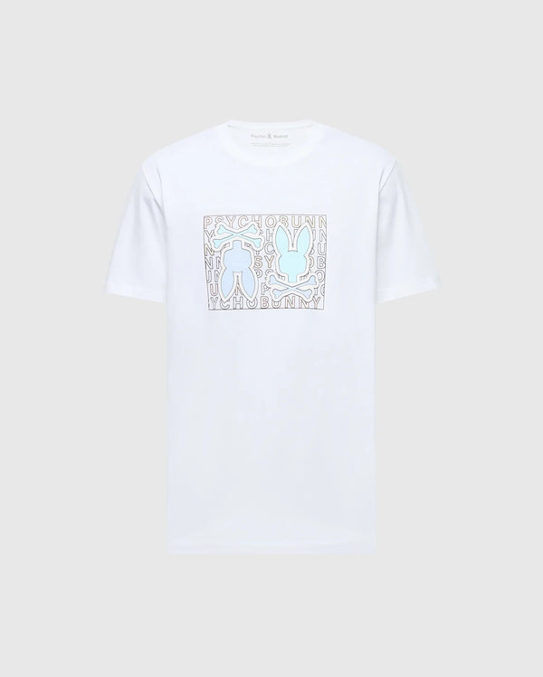 The MENS GOLD COAST GRAPHIC TEE - B6U631F200 by Psycho Bunny is a white t-shirt made from Pima cotton, featuring a graphic design of abstract blue rabbit silhouettes on a background with letters and shapes, offering premium craftsmanship and a classic fit.