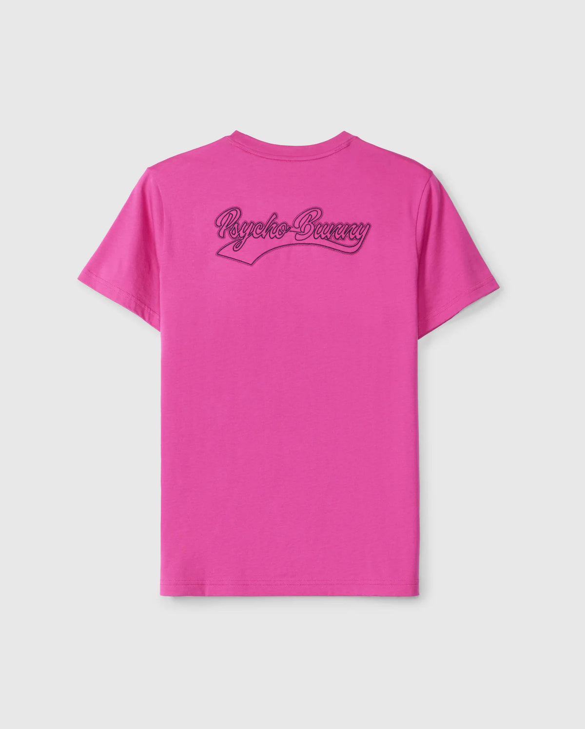 A vibrant pink MENS PEARLAND BACK GRAPHIC TEE - B6U632C200 from Psycho Bunny, crafted from luxurious Pima cotton, features the brand name "Psycho Bunny" embroidered in dark thread in stylized script on the back just below the neckline. The shirt is showcased against a plain, light-colored background.