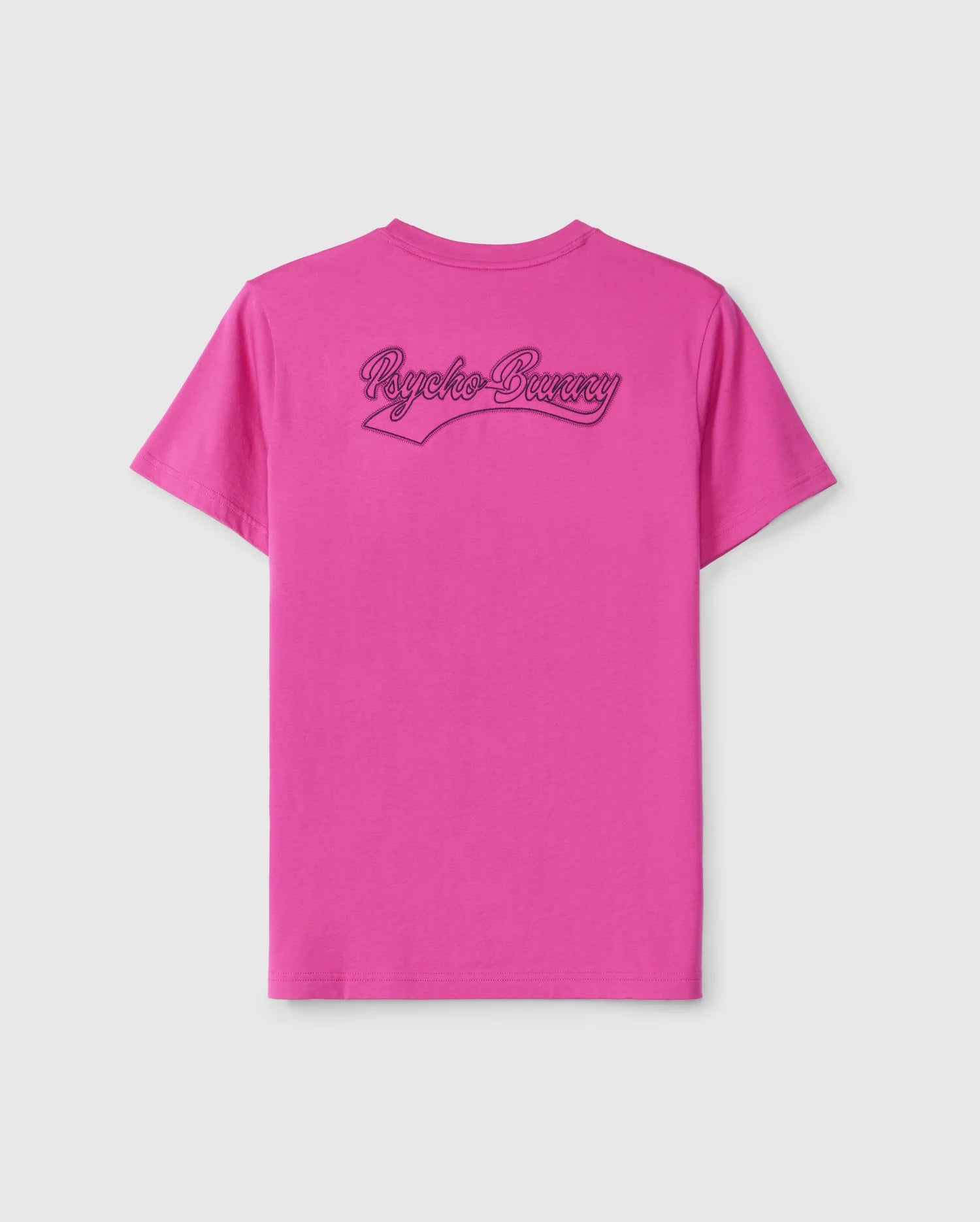 A vibrant pink MENS PEARLAND BACK GRAPHIC TEE - B6U632C200 from Psycho Bunny, crafted from luxurious Pima cotton, features the brand name "Psycho Bunny" embroidered in dark thread in stylized script on the back just below the neckline. The shirt is showcased against a plain, light-colored background.