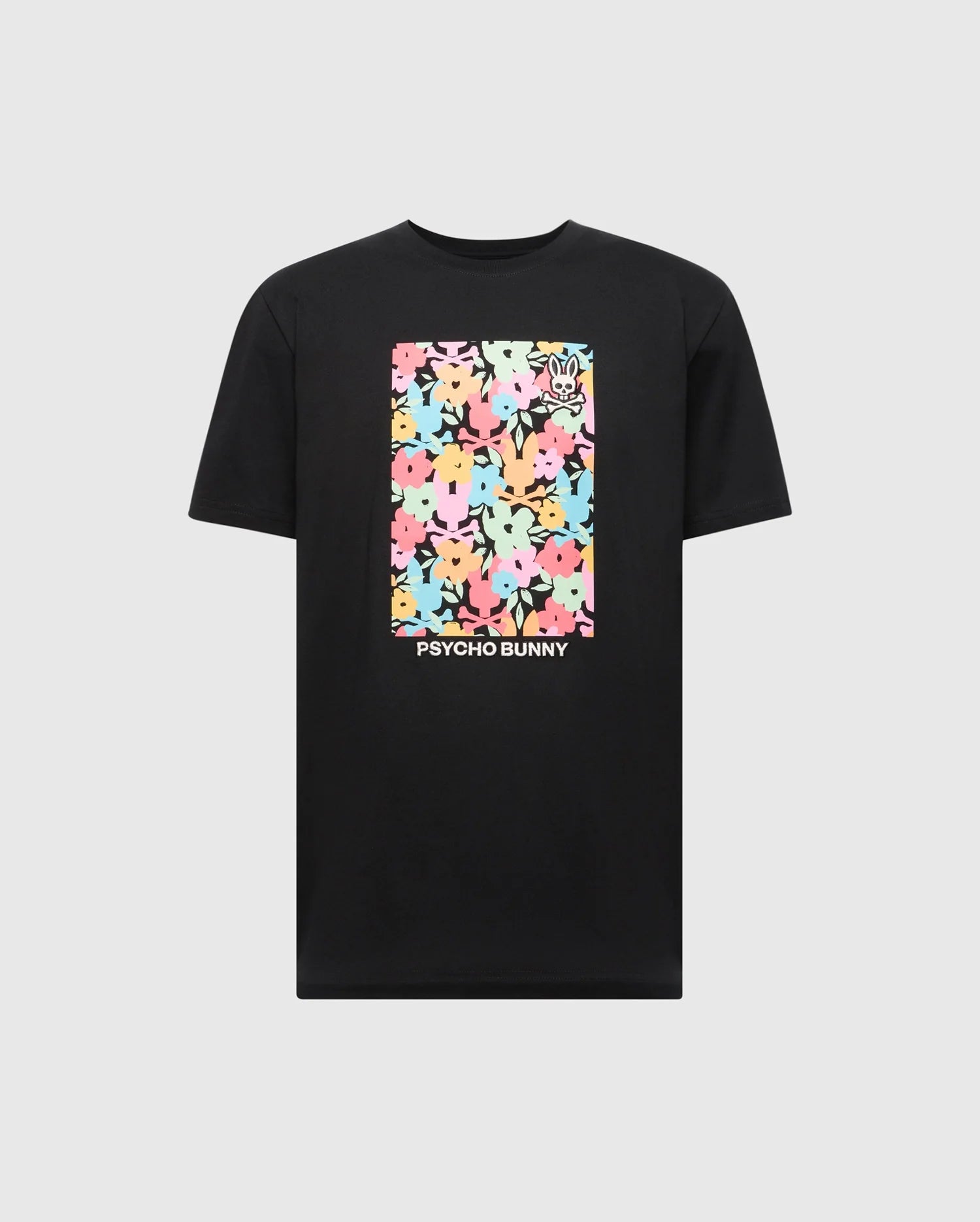 The MENS LEMMON GRAPHIC TEE - B6U655F200 by Psycho Bunny is a black T-shirt made from soft Pima cotton, offering all-day comfort. It features a vibrant graphic of abstract cartoon bunnies and "PSYCHO BUNNY" printed below.