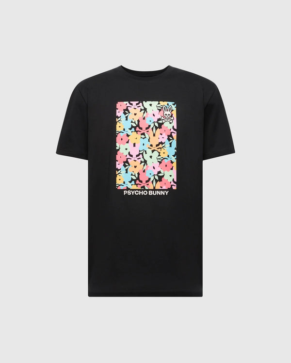 The MENS LEMMON GRAPHIC TEE - B6U655F200 by Psycho Bunny is a black T-shirt made from soft Pima cotton, offering all-day comfort. It features a vibrant graphic of abstract cartoon bunnies and "PSYCHO BUNNY" printed below.