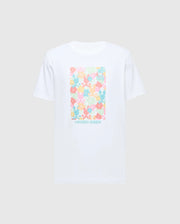 The MENS LEMMON GRAPHIC TEE—B6U655F200 by Psycho Bunny is a white Pima cotton shirt with an abstract floral bunny graphic in pastel pink, orange, blue, and green. "Psycho Bunny" is inscribed at the bottom, combining artistic flair with all-day comfort.
