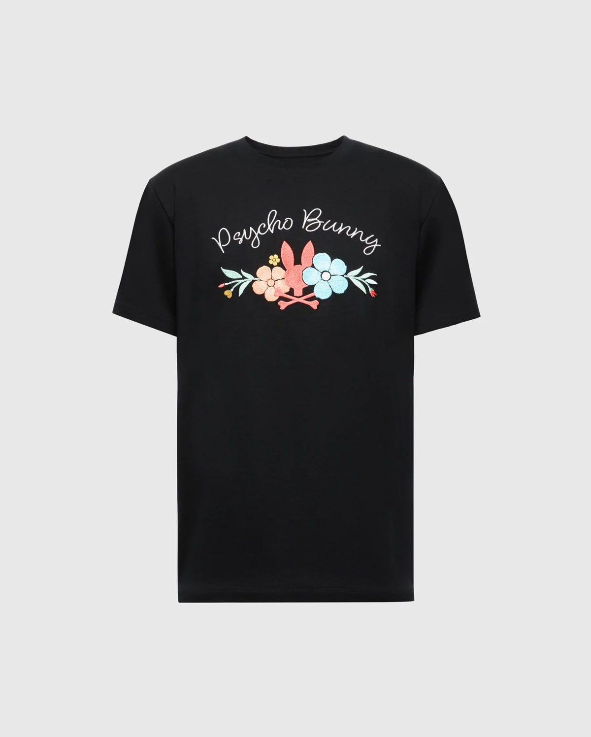 Discover the MENS MEYLON GRAPHIC TEE by Psycho Bunny, a black Pima cotton t-shirt featuring "Psycho Bunny" in cursive above a vivid floral design with pink, yellow, and blue flowers.