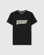 The Psycho Bunny MENS MELVIN GRAPHIC TEE - B6U663C200 is a black t-shirt crafted from luxurious Pima cotton. It features a bold, stylized white logo with an eye-catching bunny graphic and the text "Psycho Bunny" across the chest area. The HD-silicone print design adds texture to this regular fit tee, which comes with short sleeves and a round neckline, all displayed on a plain white background.