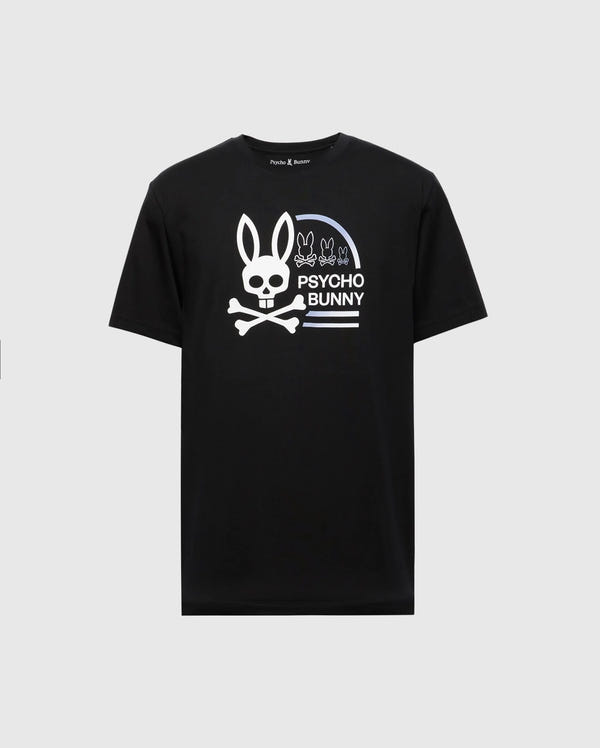 The MENS POLSON GRAPHIC TEE - B6U709E200 from Psycho Bunny is a black Pima Cotton T-shirt featuring a white bunny with crossed bones and the text "Psycho Bunny." Smaller bunnies line the right side. Expertly made in Peru, this unique piece showcases exceptional craftsmanship.