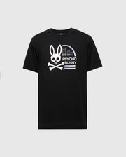 The MENS POLSON GRAPHIC TEE - B6U709E200 from Psycho Bunny is a black Pima Cotton T-shirt featuring a white bunny with crossed bones and the text "Psycho Bunny." Smaller bunnies line the right side. Expertly made in Peru, this unique piece showcases exceptional craftsmanship.