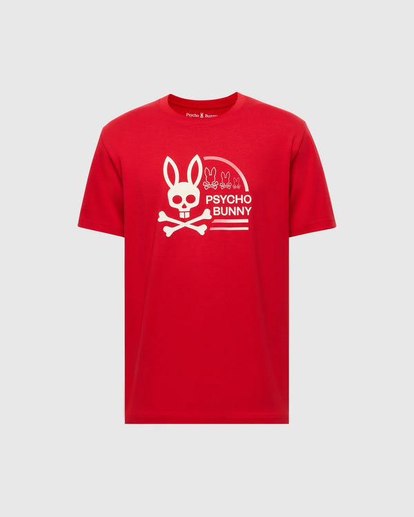The MENS POLSON GRAPHIC TEE (B6U709E200) by Psycho Bunny is a red T-shirt made from 100% Pima Cotton, featuring a white bunny with crossbones design, the "Psycho Bunny" text, and smaller bunny graphics above the logo.