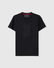 The MENS MALTON GRAPHIC TEE - B6U795D200 by Psycho Bunny is a black short-sleeve T-shirt made from luxurious Pima cotton. It showcases an embossed bunny with crossbones design on the front, featuring a contrasting red lining on the neckline and a small "Psycho Bunny" tag. Made in Peru, this stylish T-shirt is displayed against a plain white background.