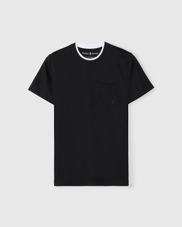 The MENS CAMPO POCKET TEE (B6U801D200) by Psycho Bunny is a black tee made from soft pima cotton, showcasing a chic white collar and a small chest pocket, beautifully set against a light gray background.