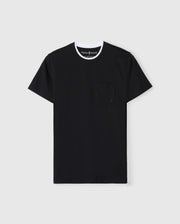 The MENS CAMPO POCKET TEE (B6U801D200) by Psycho Bunny is a black tee made from soft pima cotton, showcasing a chic white collar and a small chest pocket, beautifully set against a light gray background.