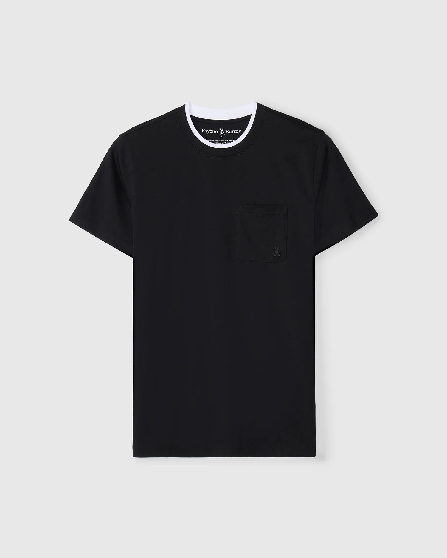 The MENS CAMPO POCKET TEE (B6U801D200) by Psycho Bunny is a black tee made from soft pima cotton, showcasing a chic white collar and a small chest pocket, beautifully set against a light gray background.
