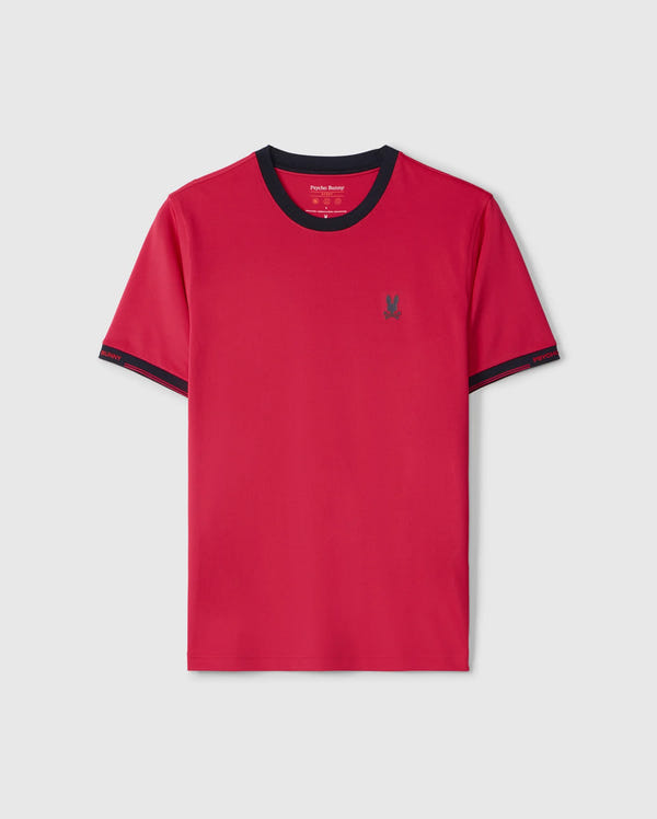 The Psycho Bunny MENS EDMONDS SPORT TEE - B6U857D200 is a red sport tee with quick-drying, antimicrobial fabric, black trim on the sleeves and collar, and a small embroidered logo on the left chest.