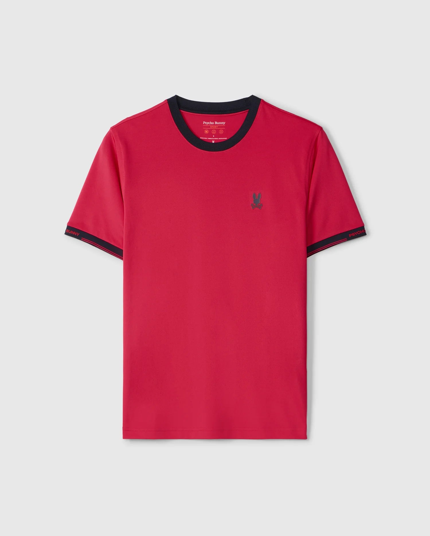 The Psycho Bunny MENS EDMONDS SPORT TEE - B6U857D200 is a red sport tee with quick-drying, antimicrobial fabric, black trim on the sleeves and collar, and a small embroidered logo on the left chest.