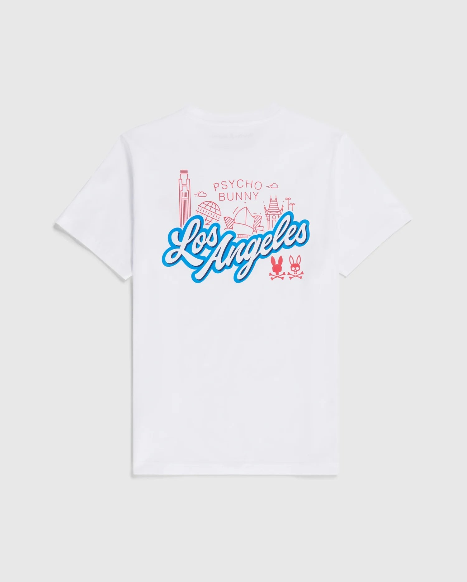 A white Pima cotton T-shirt featuring a graphic design on the back with the words "Psycho Bunny Los Angeles" in blue and pink. The design includes iconic Los Angeles landmarks and Psycho Bunny logos, reminiscent of retro Dodgers style. The Psycho Bunny MENS LOS ANGELES CITY TEE - B6U861A2PC is displayed against a plain white background.