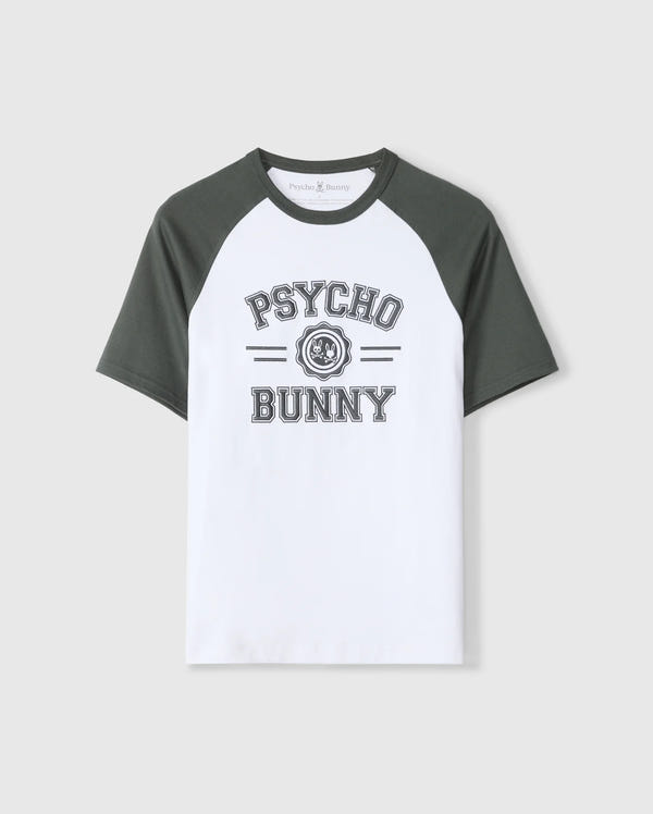 Introducing the Psycho Bunny Men's London Raglan Graphic Tee - B6U896D200, a stylish white and dark green T-shirt made from premium Pima cotton. It features "Psycho Bunny" prominently printed on the front in bold letters, combining the classic appeal of a varsity graphic with the durability of a heavyweight graphic tee.