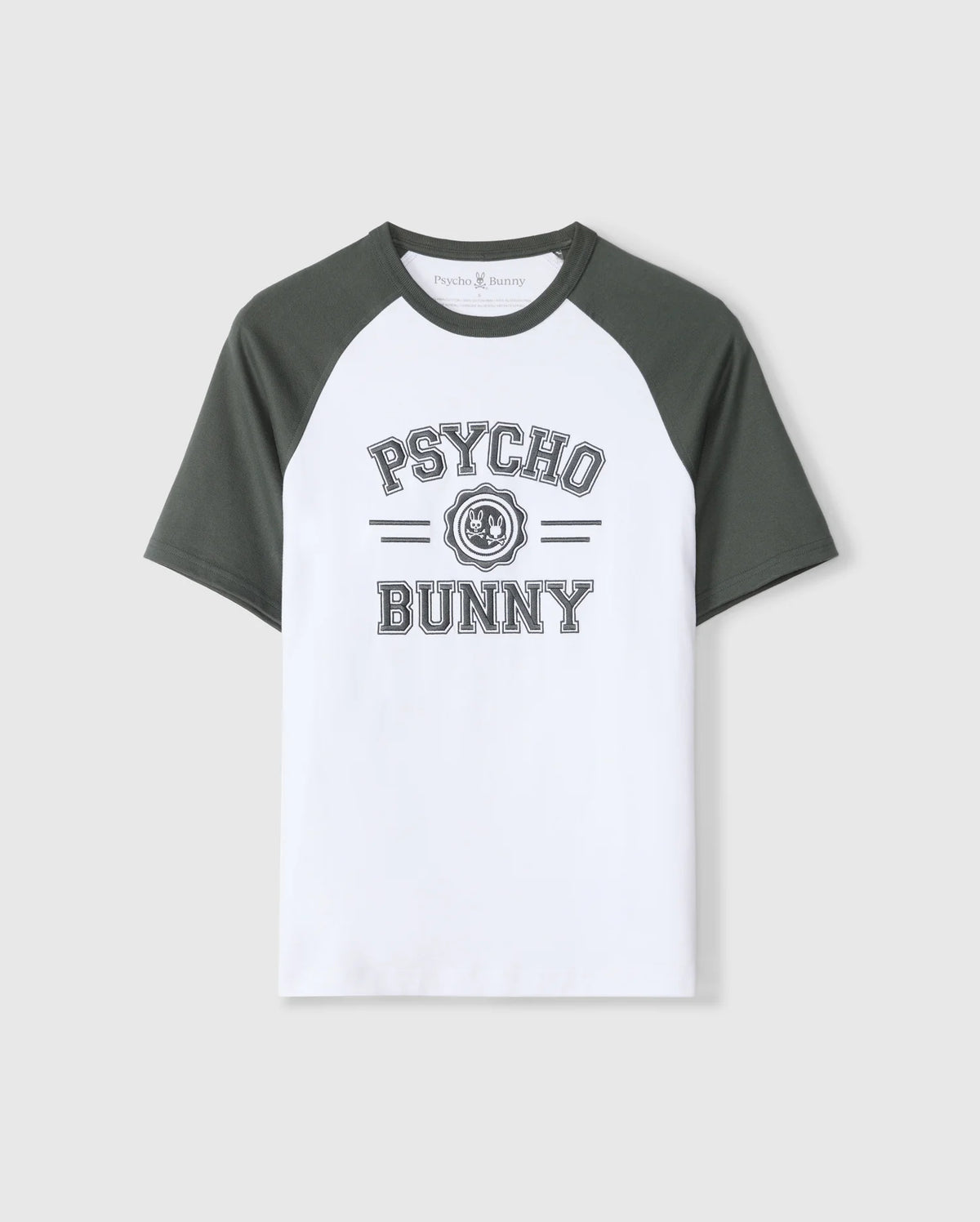 Introducing the Psycho Bunny Men's London Raglan Graphic Tee - B6U896D200, a stylish white and dark green T-shirt made from premium Pima cotton. It features "Psycho Bunny" prominently printed on the front in bold letters, combining the classic appeal of a varsity graphic with the durability of a heavyweight graphic tee.