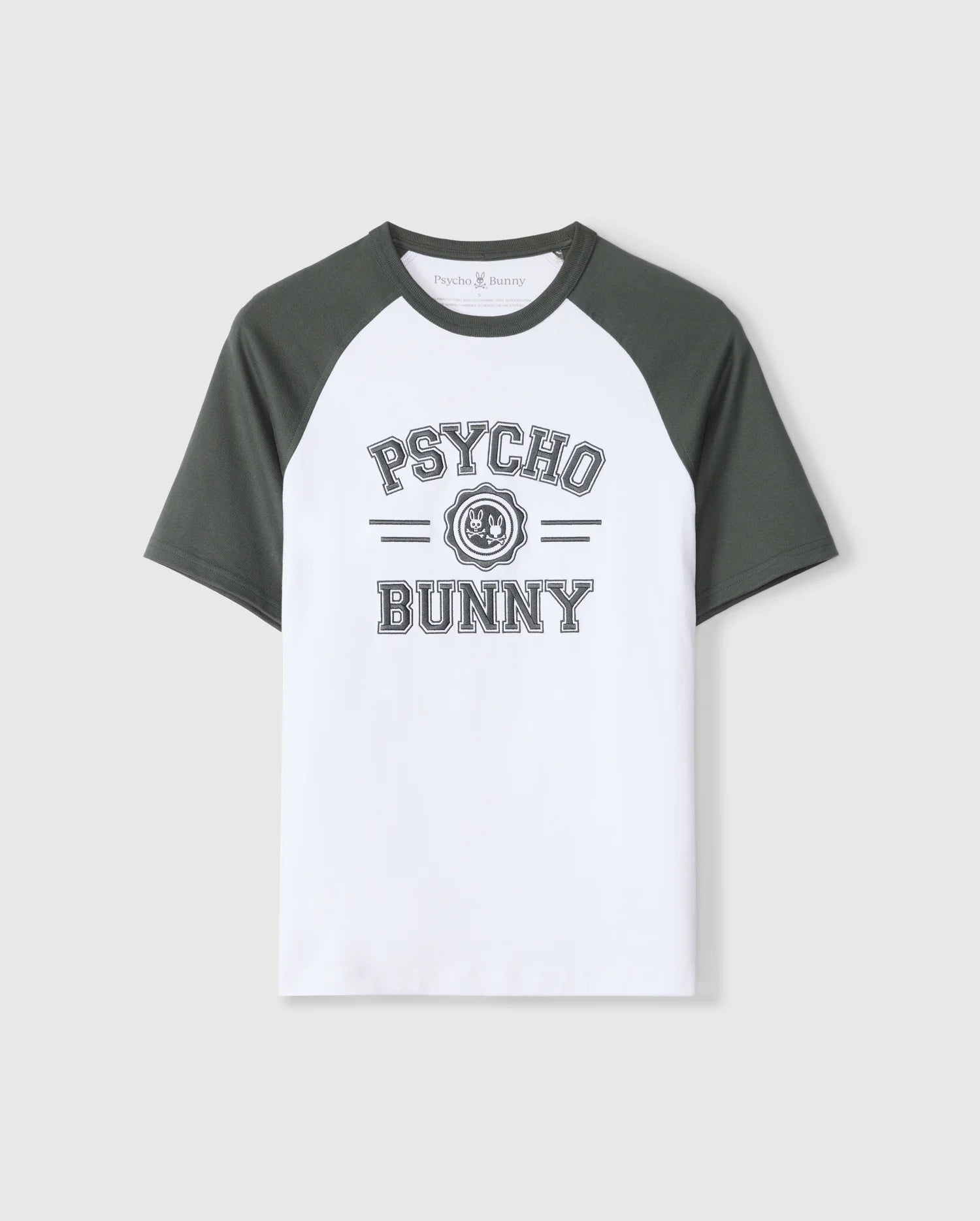Introducing the Psycho Bunny Men's London Raglan Graphic Tee - B6U896D200, a stylish white and dark green T-shirt made from premium Pima cotton. It features "Psycho Bunny" prominently printed on the front in bold letters, combining the classic appeal of a varsity graphic with the durability of a heavyweight graphic tee.