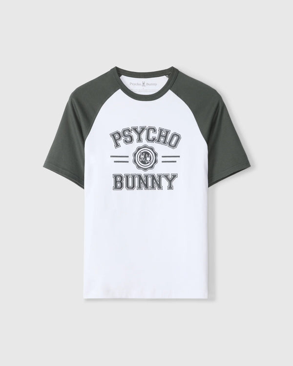 Introducing the Psycho Bunny Men's London Raglan Graphic Tee - B6U896D200, a stylish white and dark green T-shirt made from premium Pima cotton. It features "Psycho Bunny" prominently printed on the front in bold letters, combining the classic appeal of a varsity graphic with the durability of a heavyweight graphic tee.