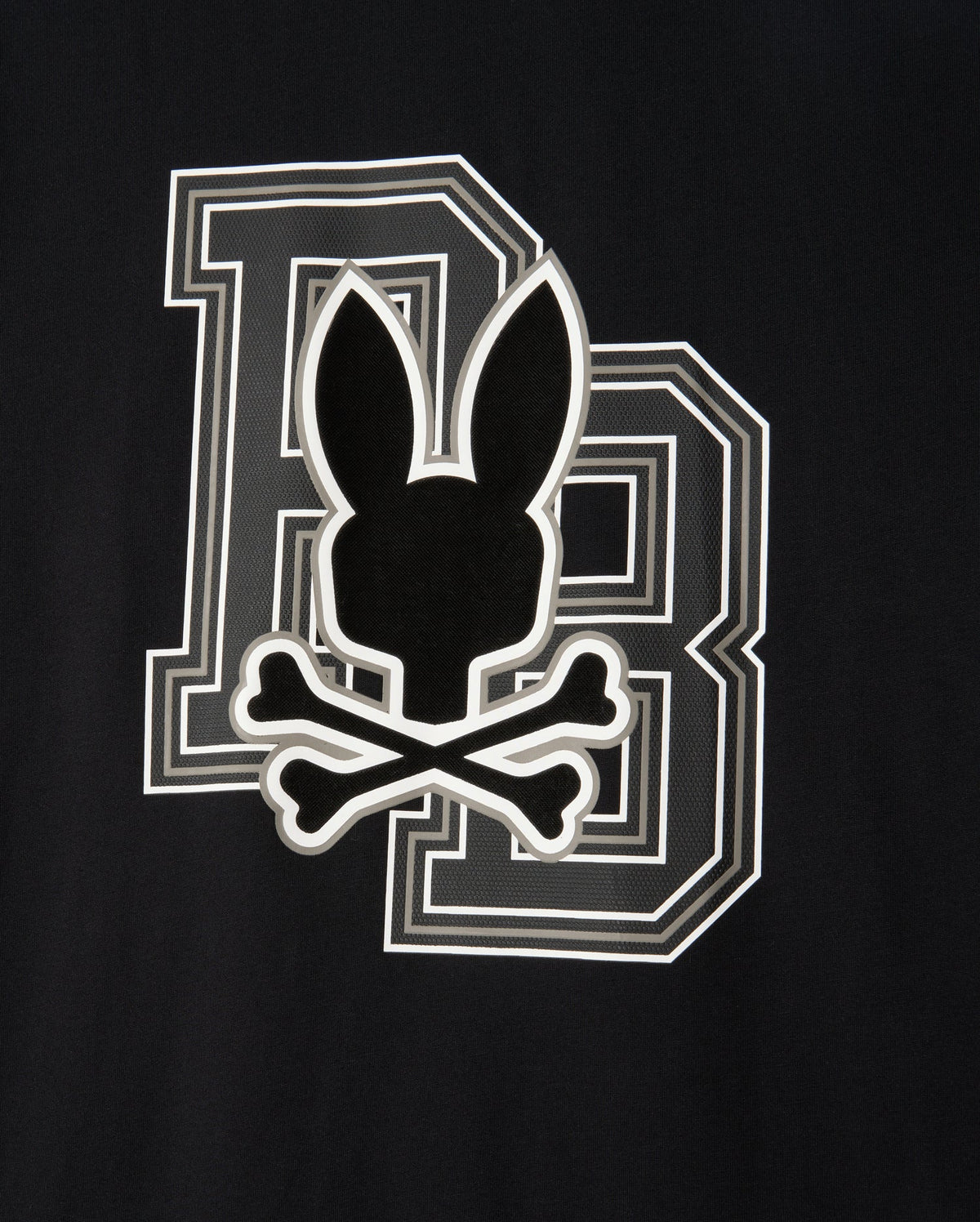 The MENS ZACK GRAPHIC TEE - B6U897D200 by Psycho Bunny features a black graphic tee with a bold letter 'B' outlined in white. Superimposed over the 'B' is a black silhouette of a rabbit head with long ears above two crossed bones, resembling a skull and crossbones motif. This unique design screams Psycho Bunny style.