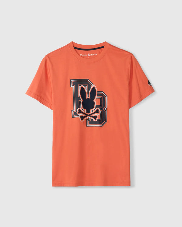 The MENS ZACK GRAPHIC TEE (B6U897D200) by Psycho Bunny features an orange color crafted from soft Pima cotton. It showcases a striking "DB" graphic with a rabbit and crossed bones design on a plain white background, perfectly capturing the signature Psycho Bunny vibe.