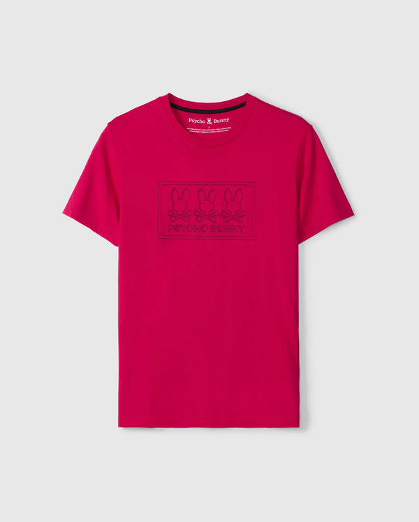 MENS TACOMA GRAPHIC TEE - B6U909D200 by Psycho Bunny, a red T-shirt made from soft Pima cotton, featuring three embroidered bunnies as its iconic logo on the front against a light gray backdrop.