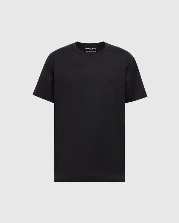 The Psycho Bunny MENS JAMES PREMIUM CREW NECK TEE (B6U952D200) is a plain black Pima cotton T-shirt with a refined logo embroidered on the left chest, set against a light gray background.