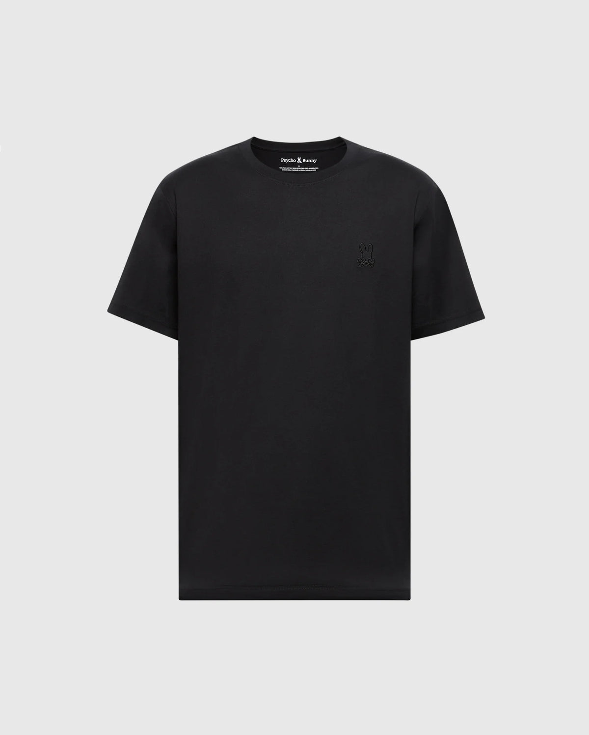 The Psycho Bunny MENS JAMES PREMIUM CREW NECK TEE (B6U952D200) is a plain black Pima cotton T-shirt with a refined logo embroidered on the left chest, set against a light gray background.
