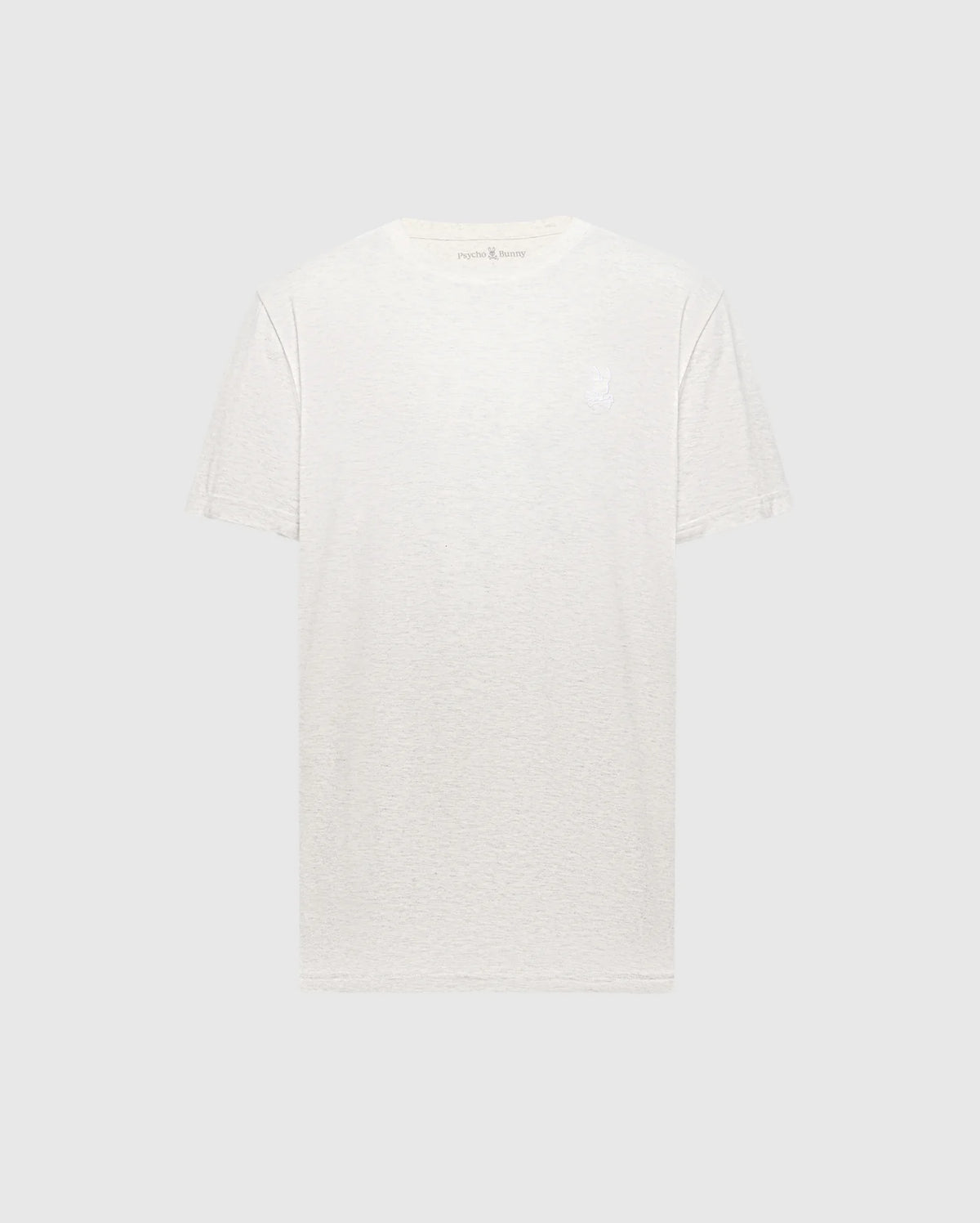The Psycho Bunny Men's James Crew Neck Tee (B6U952D200) is a light gray, short-sleeve t-shirt made of soft Pima cotton. It features a minimal design with a subtle embroidered logo near the neckline on a white background.