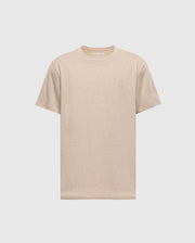 The Psycho Bunny MENS JAMES PREMIUM CREW NECK TEE - B6U952D200, crafted from Pima cotton, is shown front-facing on a white background. This plain beige tee features a small, subtle embroidered rabbit logo on the left chest.