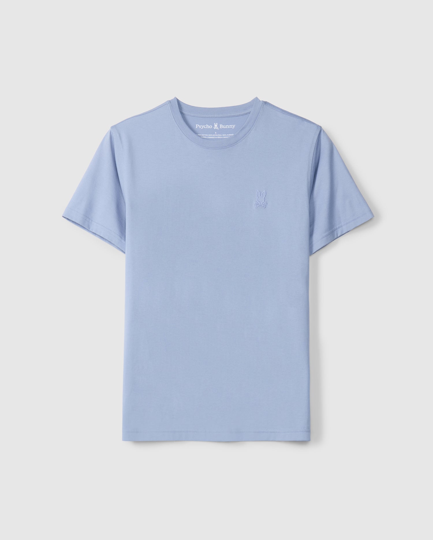 Light blue Psycho Bunny MENS JAMES PREMIUM CREW NECK TEE, crafted from Pima cotton and featuring short sleeves with a subtle embroidered logo on the left chest. This high-quality tee showcases a classic crew neck design, set against a simple light background.