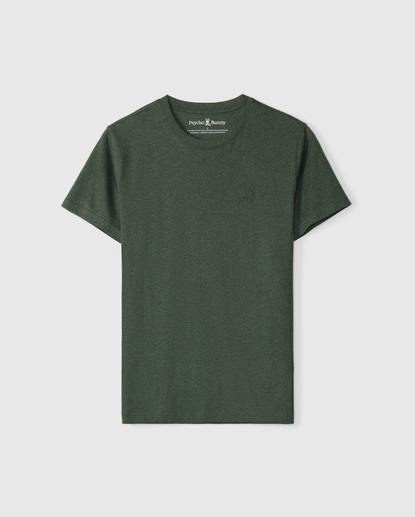 The MEN'S JAMES PREMIUM CREW NECK TEE - B6U952D200 by Psycho Bunny is displayed on a light gray background. Made from high-quality Pima cotton, it boasts a fashionable crew neck and short sleeves, with a subtle tonal outline bunny embroidered on the left chest.