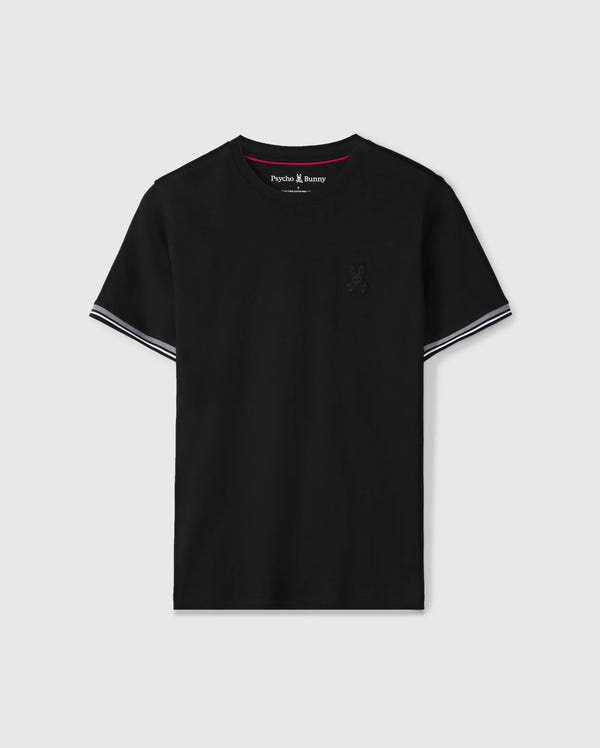 Introducing the MENS MALTON FASHION TEE - B6U966D200 by Psycho Bunny: a sleek cotton t-shirt in black, accented with white trim on the sleeves. It showcases an embroidered logo of a small animal on the left chest area. Crafted from pima cotton, this tee features a simple neckline and hem, ensuring a timeless look that's essential for any men's fashion wardrobe.