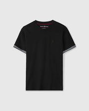 Introducing the MENS MALTON FASHION TEE - B6U966D200 by Psycho Bunny: a sleek cotton t-shirt in black, accented with white trim on the sleeves. It showcases an embroidered logo of a small animal on the left chest area. Crafted from pima cotton, this tee features a simple neckline and hem, ensuring a timeless look that's essential for any men's fashion wardrobe.