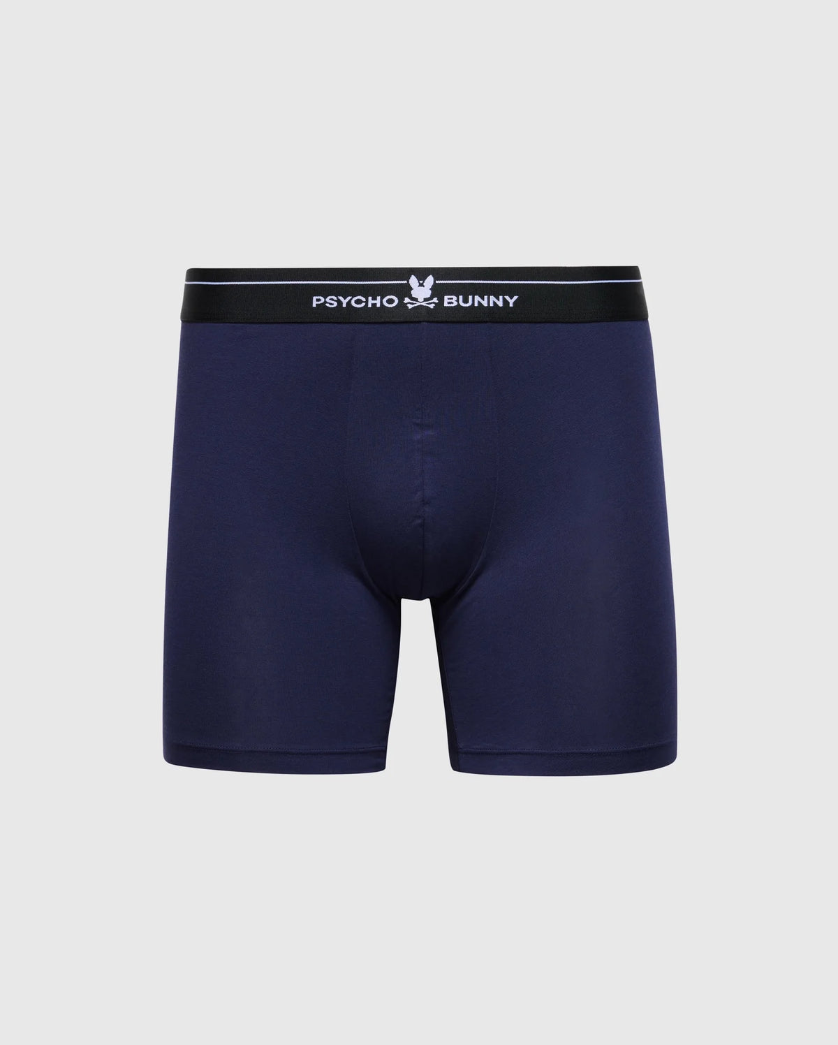The MENS 2 PACK BOXER BRIEF B6V481F200 by Psycho Bunny features navy blue, soft-knit, stretch Pima cotton boxer briefs with a breathable light gray base. A black waistband showcases the "Psycho Bunny" title and central white bunny logo for ultimate comfort and style.