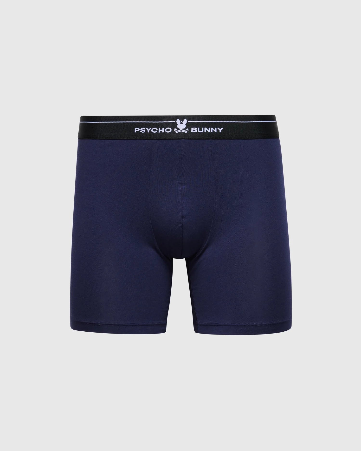 The MENS 2 PACK BOXER BRIEF B6V481F200 by Psycho Bunny features navy blue, soft-knit, stretch Pima cotton boxer briefs with a breathable light gray base. A black waistband showcases the "Psycho Bunny" title and central white bunny logo for ultimate comfort and style.