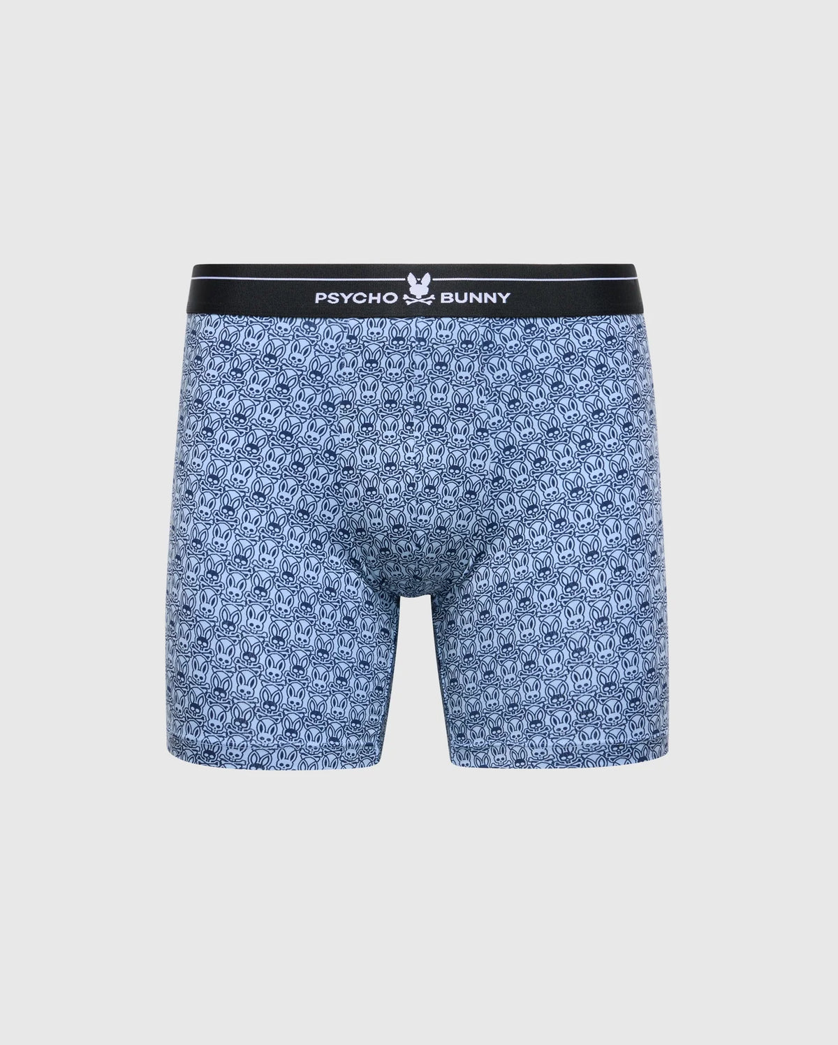 The Psycho Bunny MENS 2 PACK BOXER BRIEF (B6V481F200) features blue Stretch Pima cotton with a white geometric pattern and a comfortable black waistband with white "PSYCHO BUNNY" text and bunny logo. Stylish and breathable, these boxer briefs are perfect for any occasion.