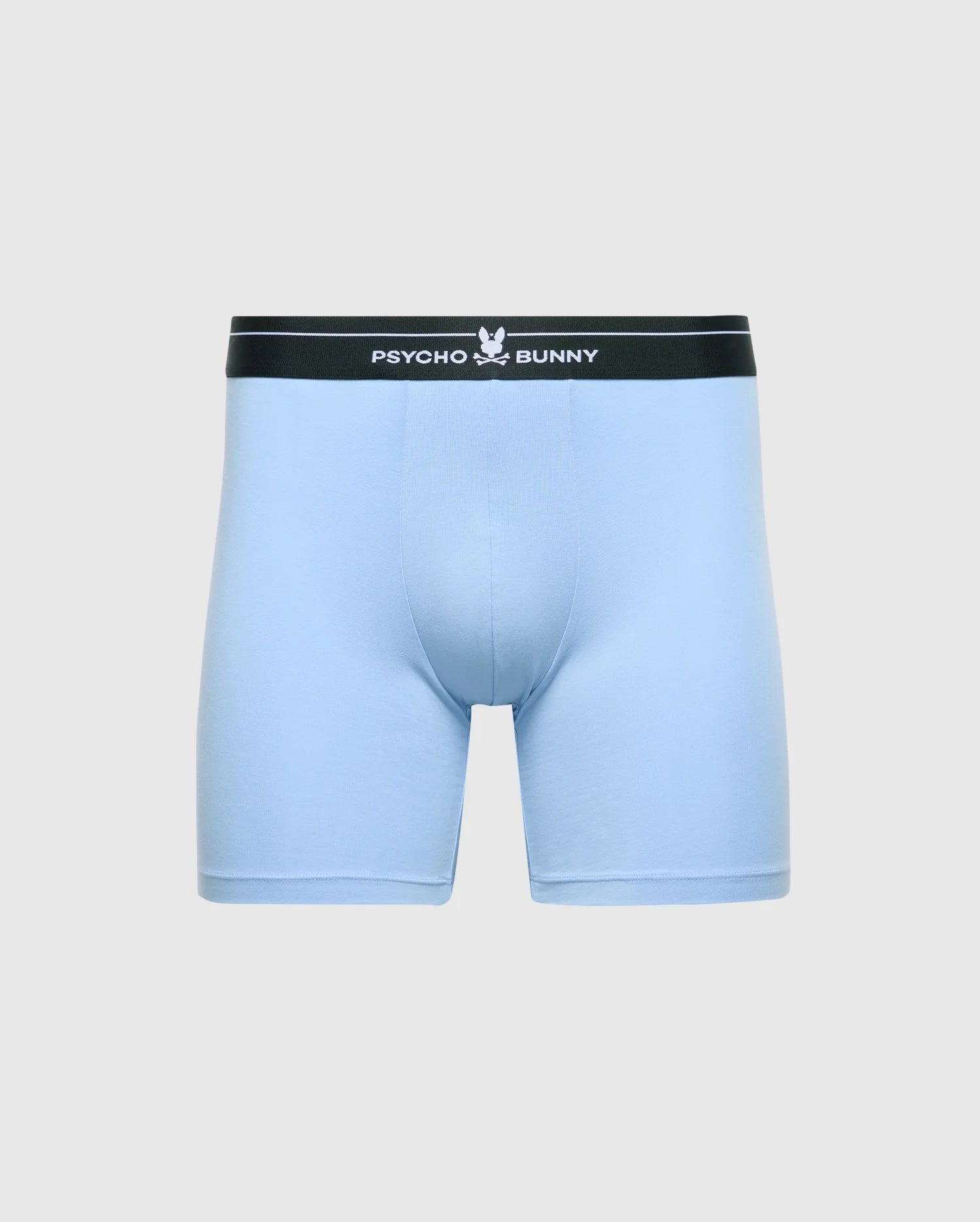 These light blue boxer briefs, part of the Psycho Bunny MENS 2 PACK BOXER BRIEF - B6V481F200, have a black waistband with the "Psycho Bunny" name and bunny logo in white. Made from breathable Stretch Pima cotton, they ensure comfort against a plain gray background.