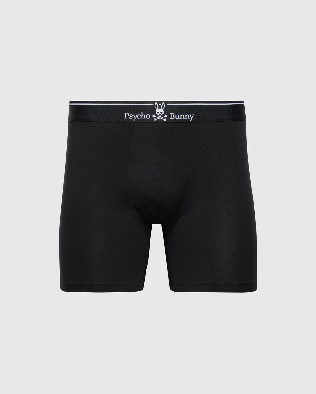 Black men's boxer briefs from Psycho Bunny, made of ultrasoft Pima cotton, feature the brand’s stylized bunny skull design and logo on a white waistband. Product: MENS SOLID KNIT 2 PACK BOXER BRIEF - B6V906ARCM.