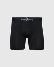 Black men's boxer briefs from Psycho Bunny, made of ultrasoft Pima cotton, feature the brand’s stylized bunny skull design and logo on a white waistband. Product: MENS SOLID KNIT 2 PACK BOXER BRIEF - B6V906ARCM.