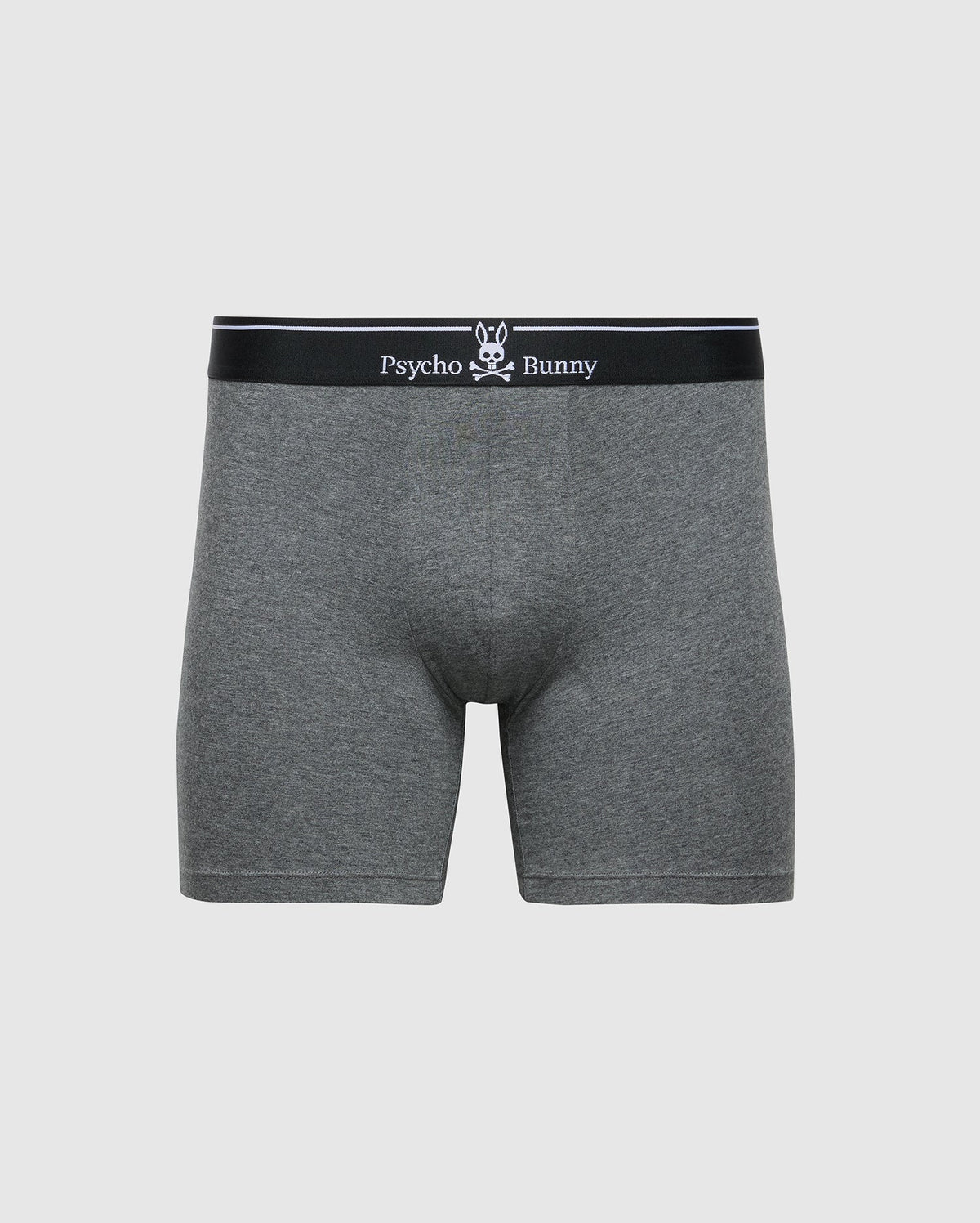 Psycho Bunny's Men's Solid Knit 2 Pack Boxer Briefs (B6V906ARCM) feature gray fabric and a black waistband sporting a white logo. Made from soft Pima cotton, these briefs provide ultimate comfort with their fitted, classic design.