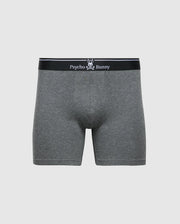 Psycho Bunny's Men's Solid Knit 2 Pack Boxer Briefs (B6V906ARCM) feature gray fabric and a black waistband sporting a white logo. Made from soft Pima cotton, these briefs provide ultimate comfort with their fitted, classic design.