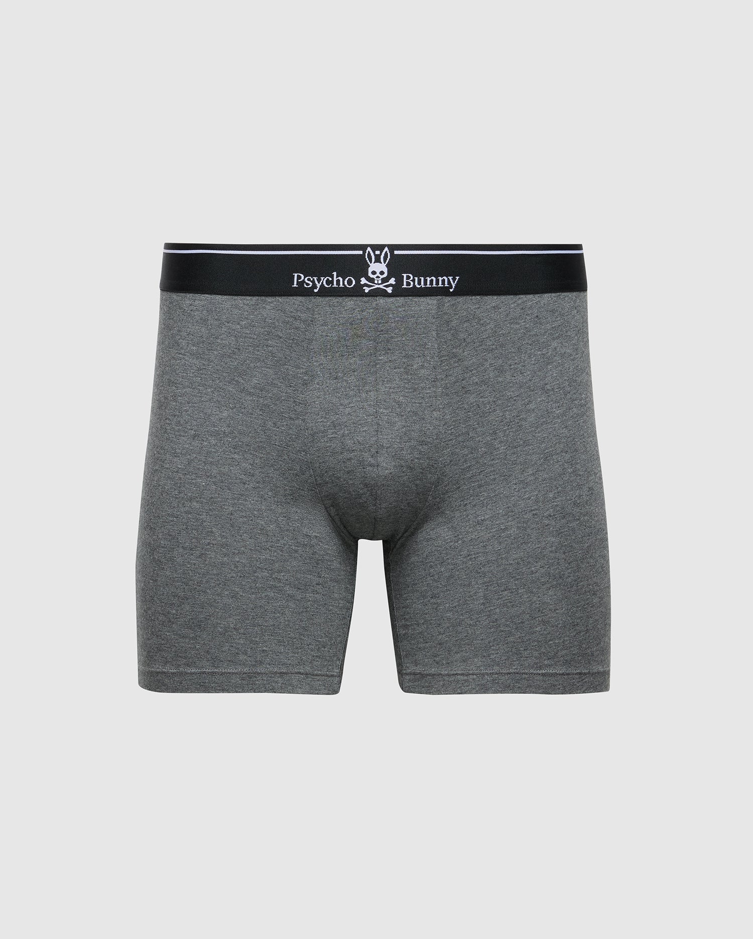 Psycho Bunny's Men's Solid Knit 2 Pack Boxer Briefs (B6V906ARCM) feature gray fabric and a black waistband sporting a white logo. Made from soft Pima cotton, these briefs provide ultimate comfort with their fitted, classic design.