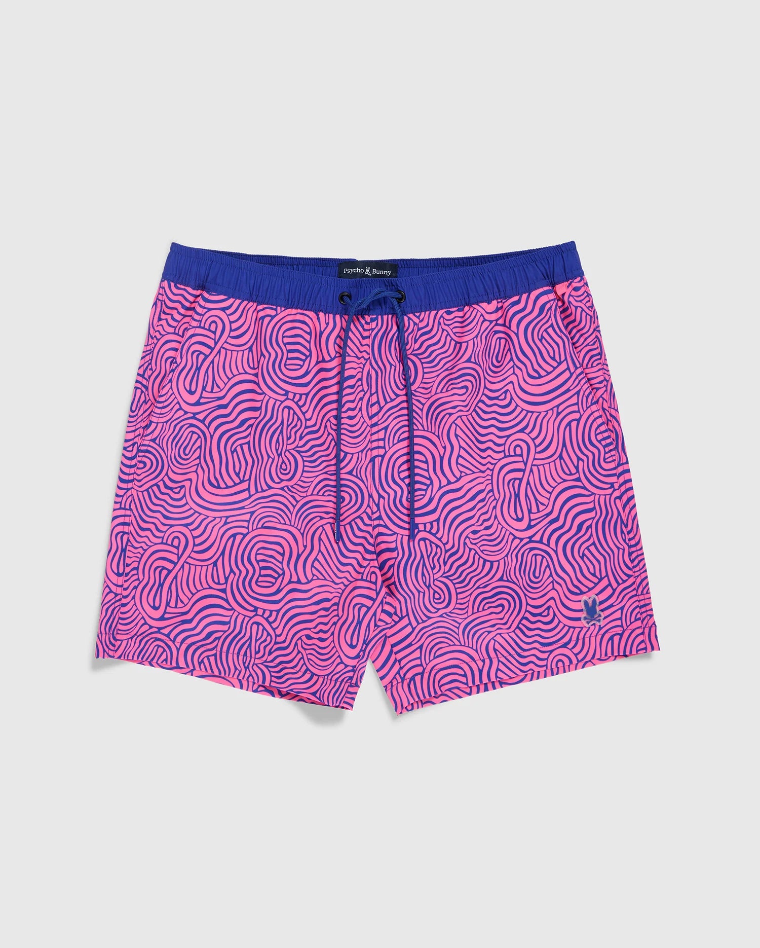 A pair of vibrant pink VERONA PRINT SWIM TRUNK - B6W172B2SW from Psycho Bunny featuring a wavy, maze-like blue pattern and made from quick-dry fabric. The waistband is solid blue with a matching drawstring at the center. Complete with a comfortable mesh lining and a small embroidered logo on one leg near the hem.