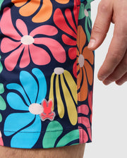 A close-up of a person's hand resting near their colorful quick-dry **Psycho Bunny MENS MENTZ SWIM TRUNK - B6W320B2SW** adorned with a vibrant flower pattern in pink, blue, green, yellow, and orange. There's a small pink bunny logo attached to the shorts near the hem.
