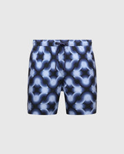Introducing the Psycho Bunny MENS PAROS PRINTED SWIM TRUNK - B6W450F200, featuring a blue and white geo-pattern with curved shapes. An elastic waistband and drawstring ensure a perfect fit, while the interconnected pattern creates a visually striking effect ideal for sunny days by the water.
