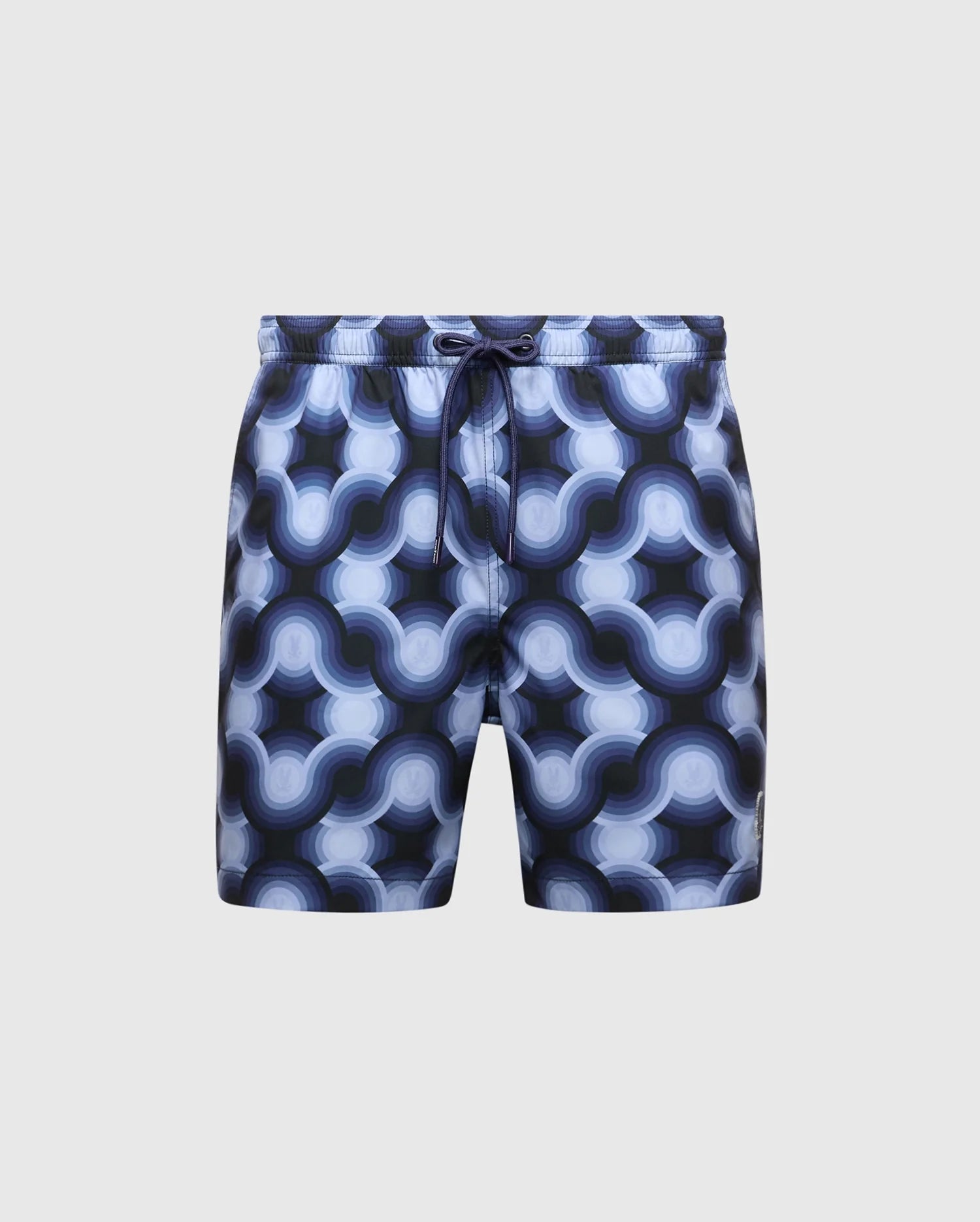 Introducing the Psycho Bunny MENS PAROS PRINTED SWIM TRUNK - B6W450F200, featuring a blue and white geo-pattern with curved shapes. An elastic waistband and drawstring ensure a perfect fit, while the interconnected pattern creates a visually striking effect ideal for sunny days by the water.