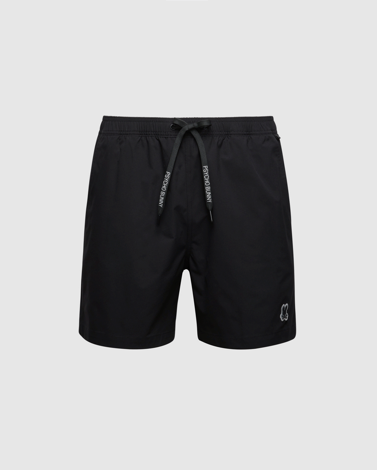 Psycho Bunny's MENS SAMOS HYDROCHROMIC PRINTED SWIM TRUNK - B6W453F200 is ideal for pool parties, with a subtle embroidered design on the lower right leg and an elastic waistband, displayed against a plain gray background.