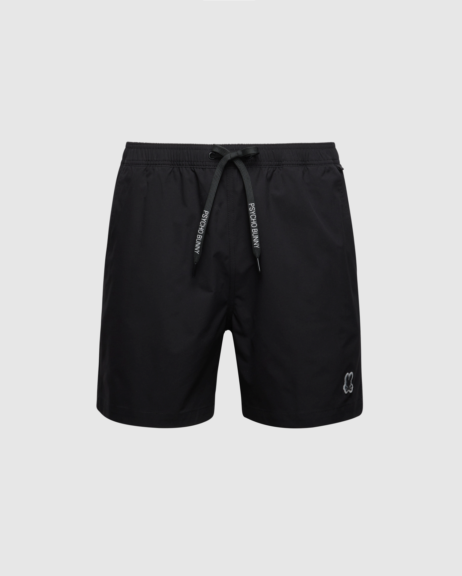 Psycho Bunny's MENS SAMOS HYDROCHROMIC PRINTED SWIM TRUNK - B6W453F200 is ideal for pool parties, with a subtle embroidered design on the lower right leg and an elastic waistband, displayed against a plain gray background.