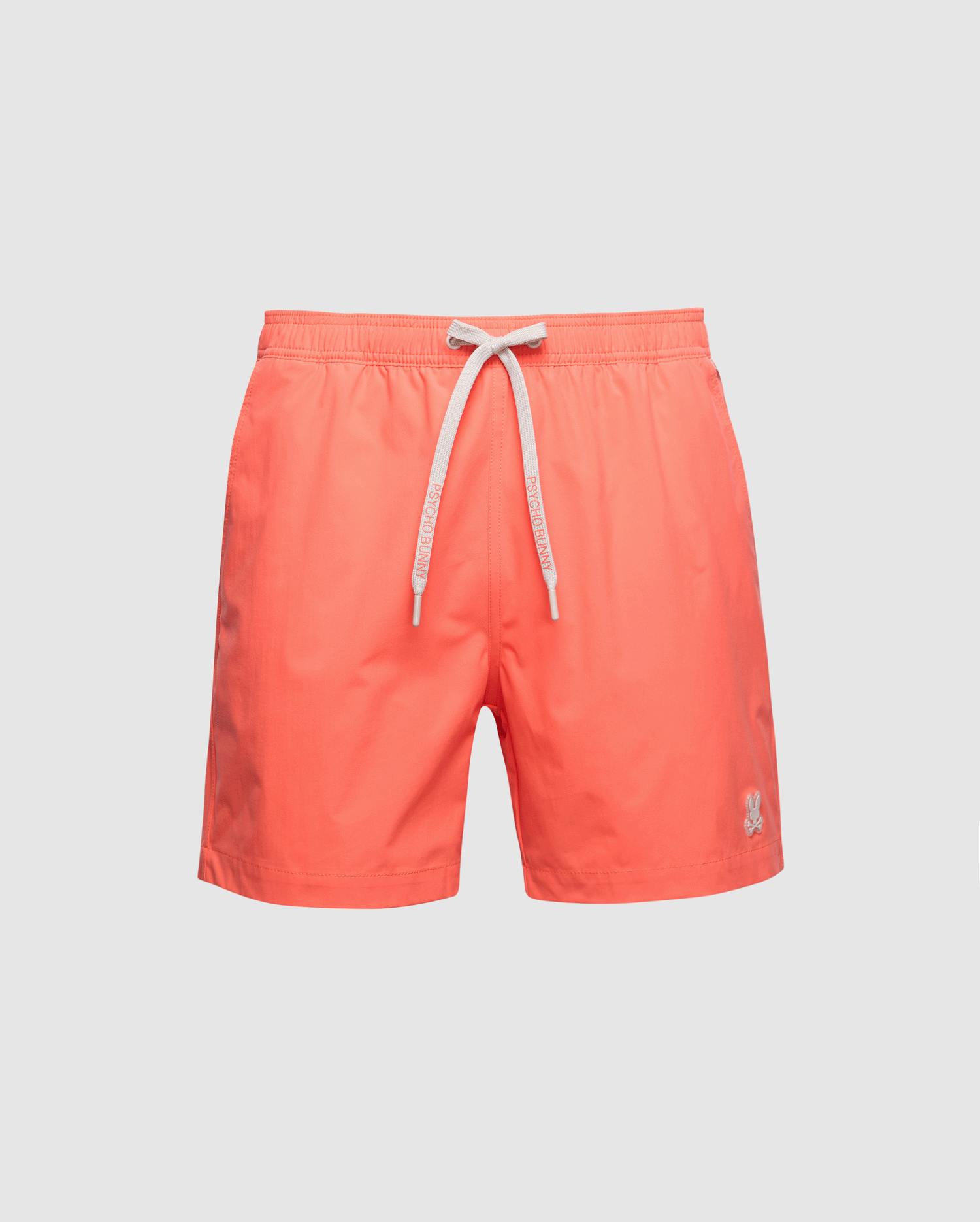 The Psycho Bunny Men's Samos Hydrochromic Swim Trunk in bright coral features a white drawstring waistband and a subtle logo near the left hem, making it perfect for any pool party.